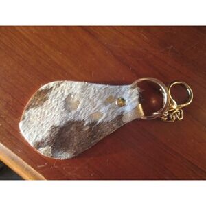 Brown Gold White Horse Cow Hair Gold‎ Toned Key chain ring  Equestrian Rustic